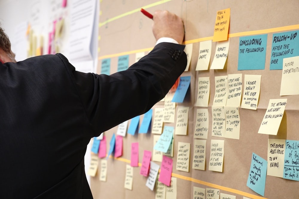 people in a workshop writing on post-its