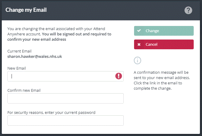 Change my email screen