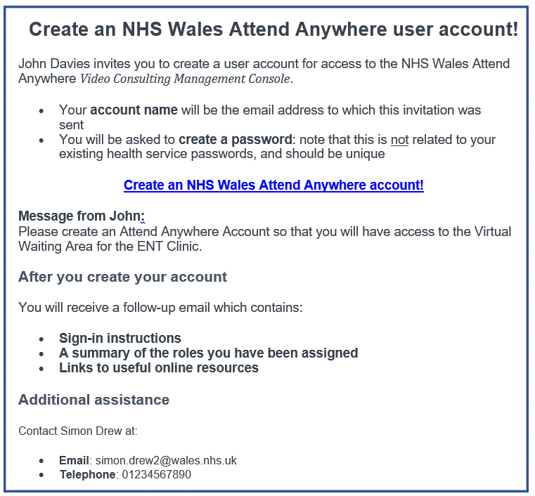 Create an Attend Anywhere account email example