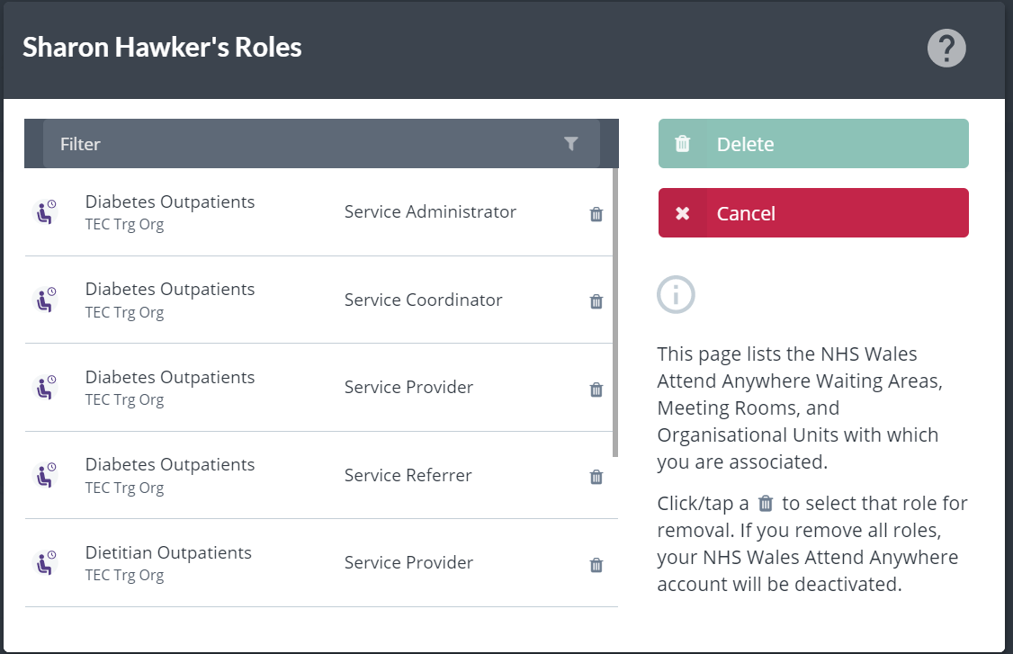 Roles screen