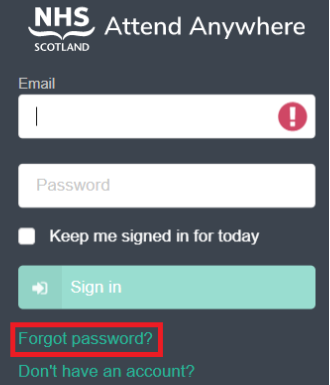 NHS attend anywhere forgot password image